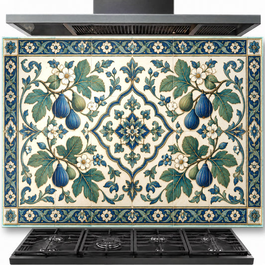 Vintage flora tempered glass backsplash installed behind a kitchen stove