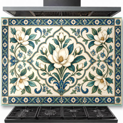 Mediterranean Grace tempered glass backsplash installed behind a modern gas stove