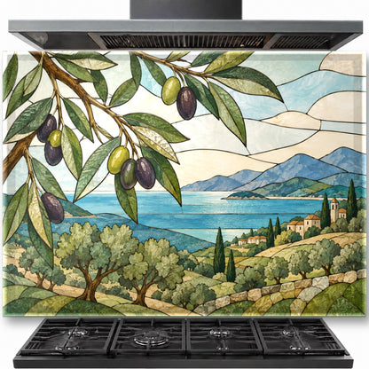 Stained Olive tempered glass backsplash installed behind a modern kitchen stove