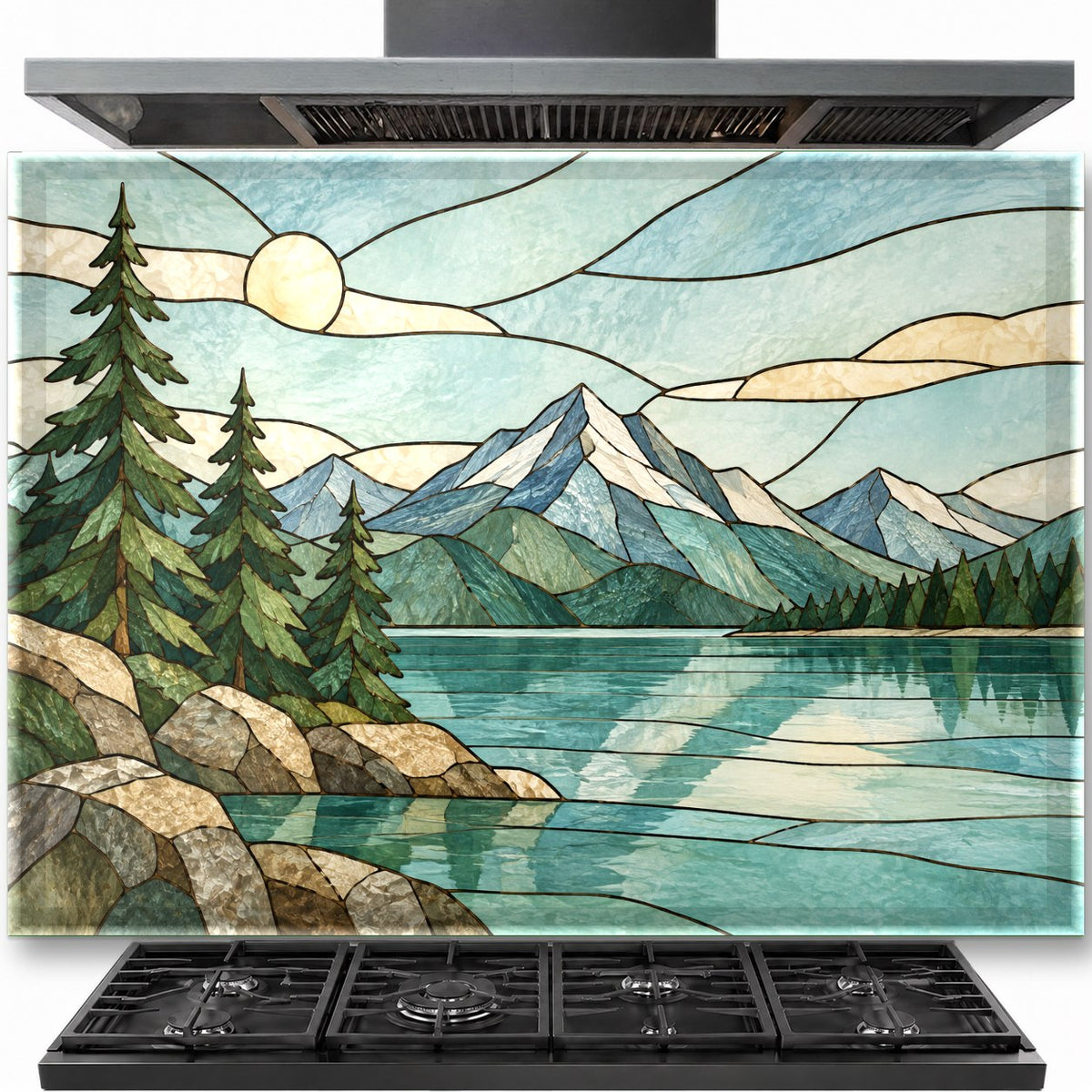 Stained Lake tempered glass backsplash installed behind a modern gas cooktop