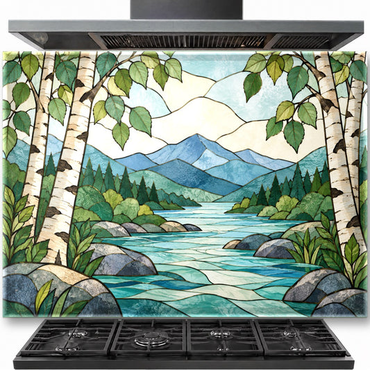 Mountain Stained tempered glass backsplash installed behind a modern kitchen stove