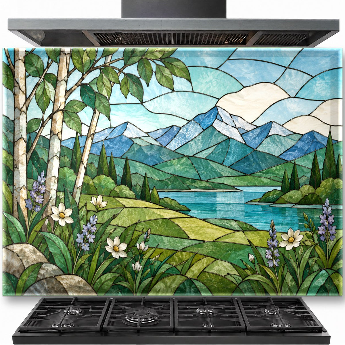 Nature Stained tempered glass backsplash installed behind a modern gas stove