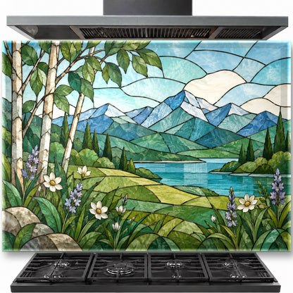 Nature Stained tempered glass backsplash installed behind a modern gas stove