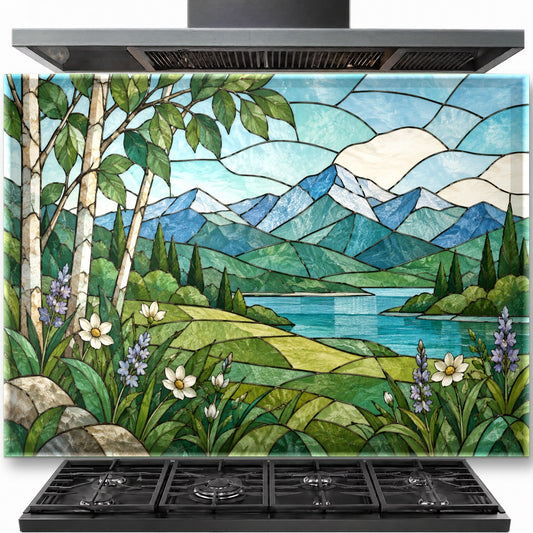 Nature Stained tempered glass backsplash installed behind a modern gas stove