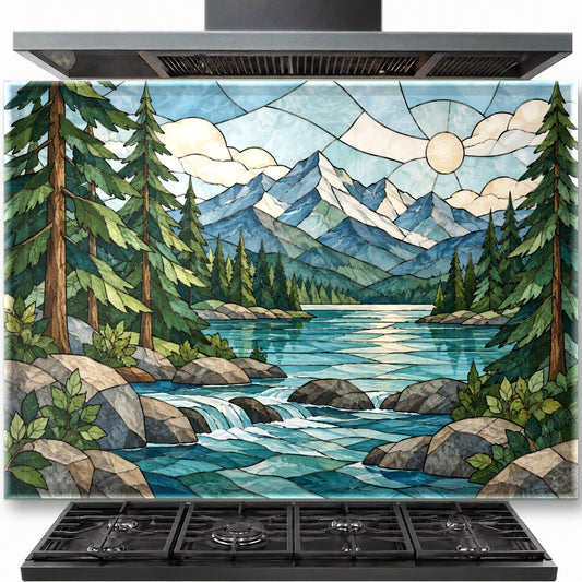 River Stained tempered glass backsplash installed behind a modern kitchen stove