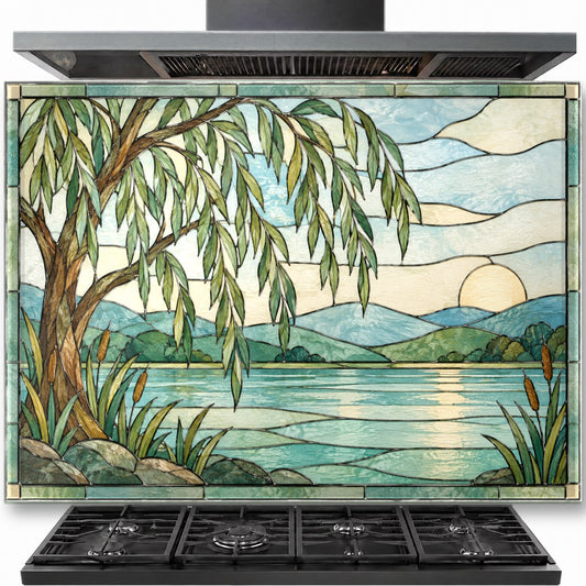 Tree Stained tempered glass backsplash installed behind a modern gas stove
