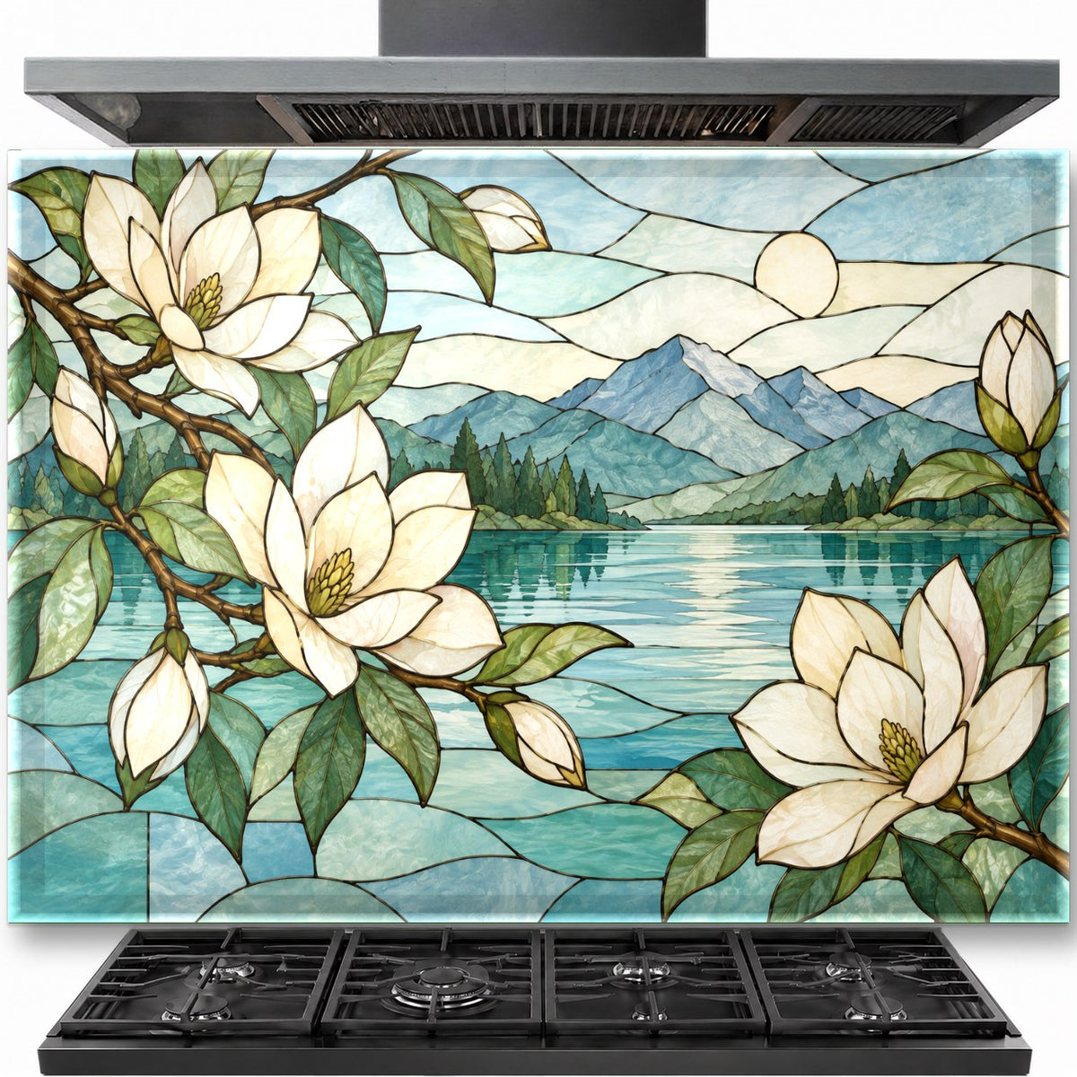 Magnolia Stained tempered glass backsplash installed behind a modern kitchen stove