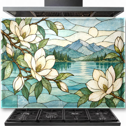 Magnolia Stained tempered glass backsplash installed behind a modern kitchen stove
