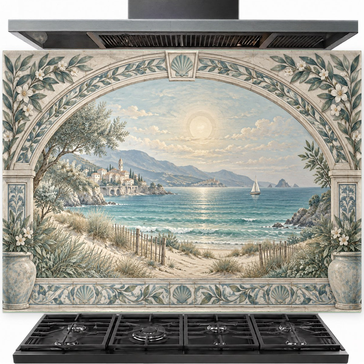 Coastal Archway tempered glass backsplash installed behind a modern gas stove in a bright white kitchen.