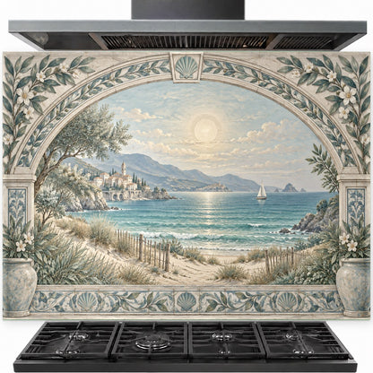 Coastal Archway tempered glass backsplash installed behind a modern gas stove in a bright white kitchen.