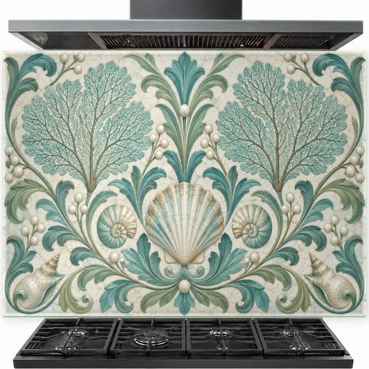 Coral Pearl tempered glass backsplash panel installed behind a modern gas stove in a bright white kitchen.