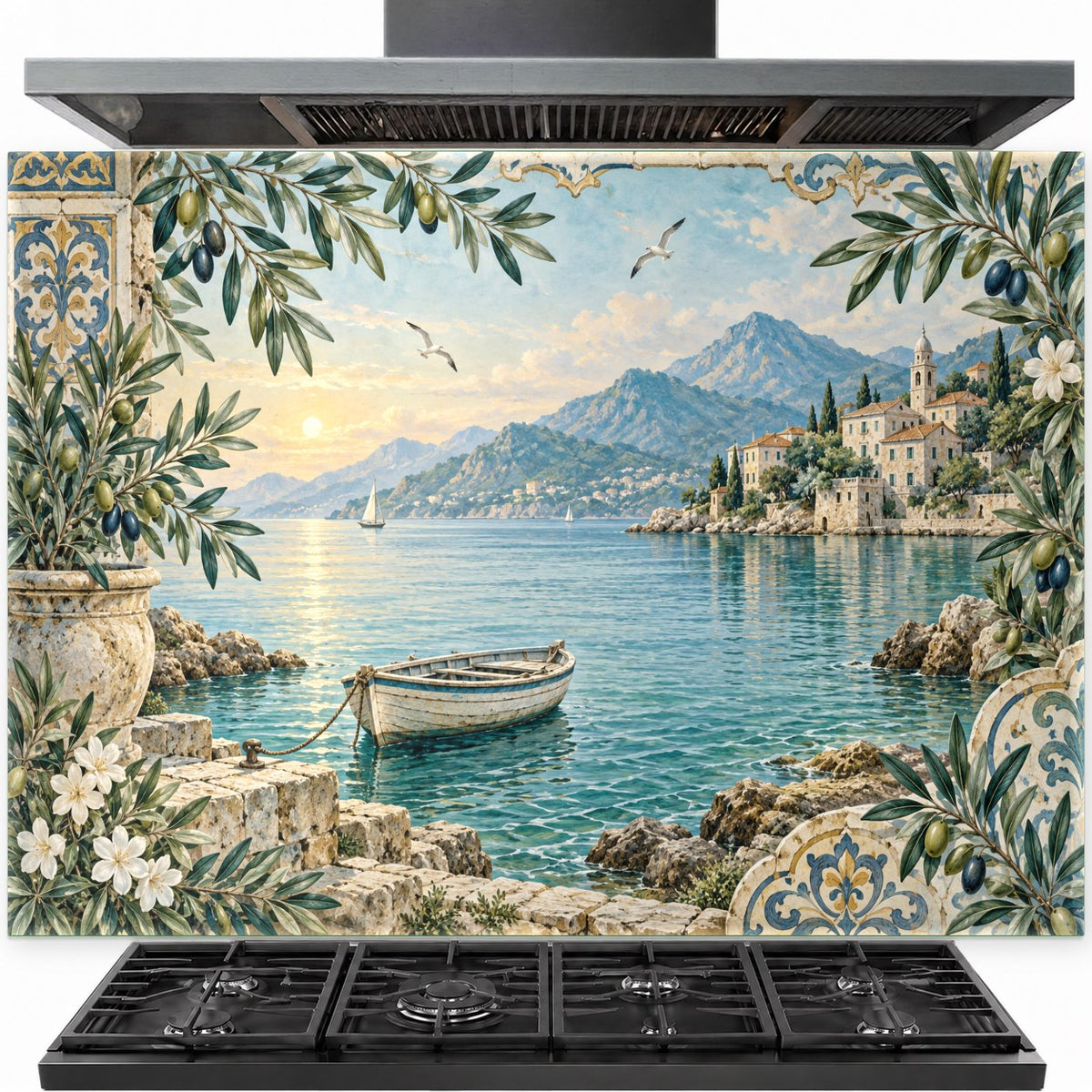 Harbor rowboat tempered glass backsplash installed behind a professional gas stove in a coastal kitchen.