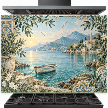 Harbor rowboat tempered glass backsplash installed behind a professional gas stove in a coastal kitchen.