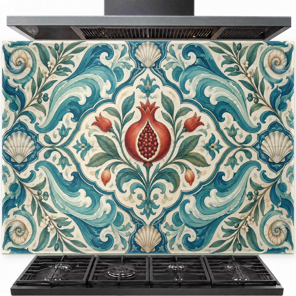 Pomegranate Waves tempered glass backsplash installed behind a stainless steel kitchen stove