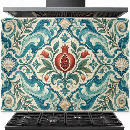 Pomegranate Waves tempered glass backsplash installed behind a stainless steel kitchen stove