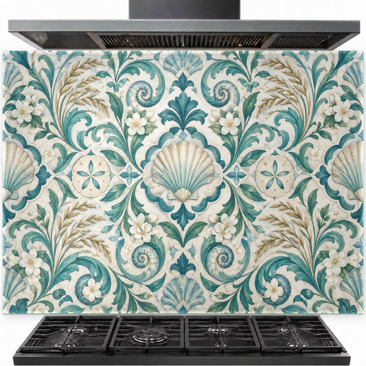 Seashell Damask tempered glass backsplash panel installed behind a gas stove in a coastal kitchen.