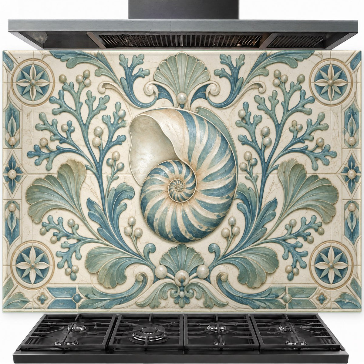 Nautilus Relief tempered glass backsplash installed behind a modern gas cooktop in a coastal kitchen.