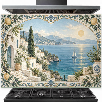 Amalfi Terrace tempered glass backsplash installed behind a professional gas stove in a bright coastal kitchen.