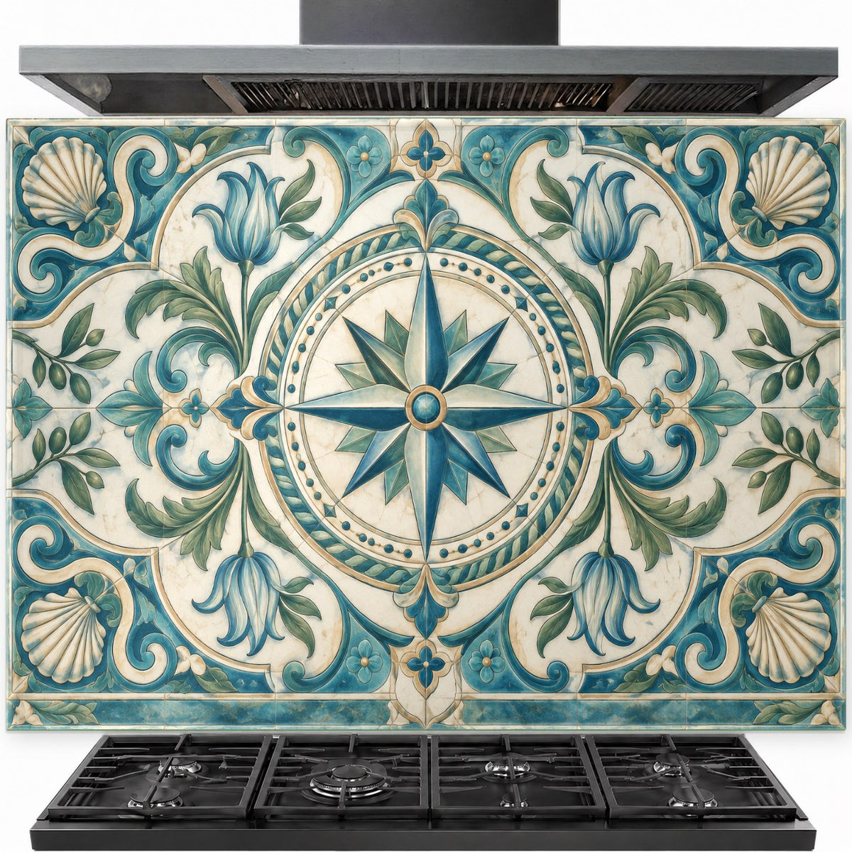 Compass Rose tempered glass backsplash installed behind a modern gas stove in a coastal-themed kitchen.