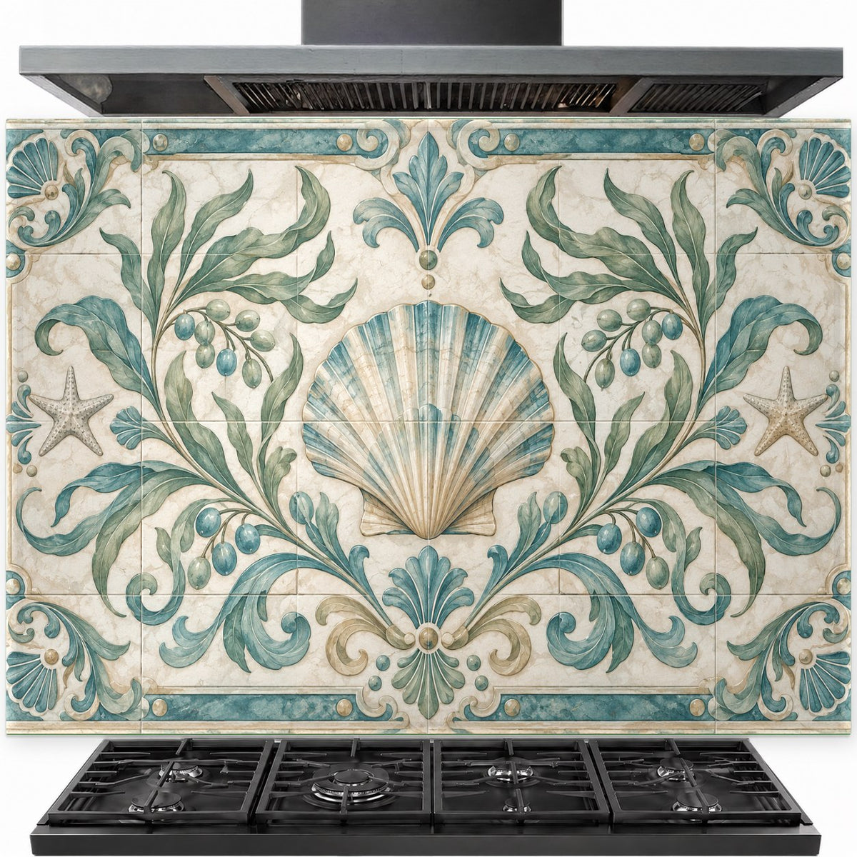Scallop Olive tempered glass backsplash installed behind a modern stainless steel gas stove