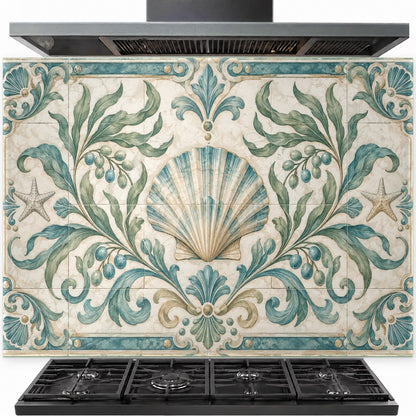 Scallop Olive tempered glass backsplash installed behind a modern stainless steel gas stove
