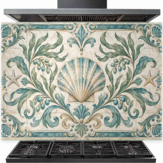Scallop Olive tempered glass backsplash installed behind a modern stainless steel gas stove