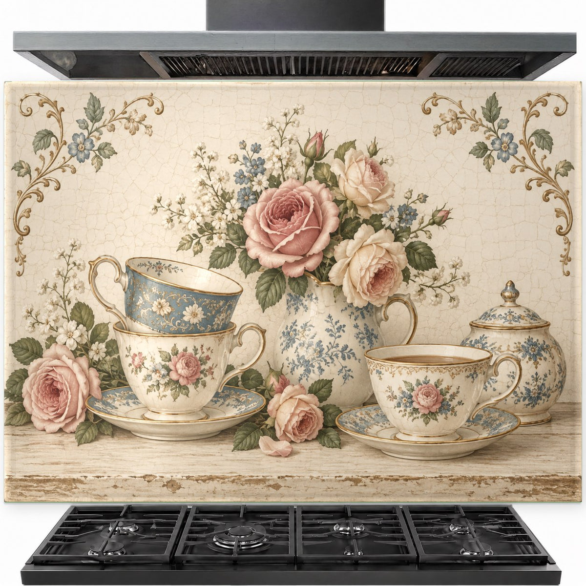 Rose Teacups tempered glass backsplash installed behind a modern gas stove