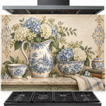 Hydrangea pitcher tempered glass backsplash installed behind a modern kitchen stove