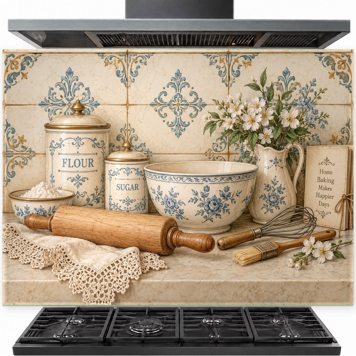Baking Canisters tempered glass kitchen backsplash installed behind a gas stove