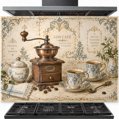 Coffee grinder tempered glass backsplash installed behind a modern gas cooktop