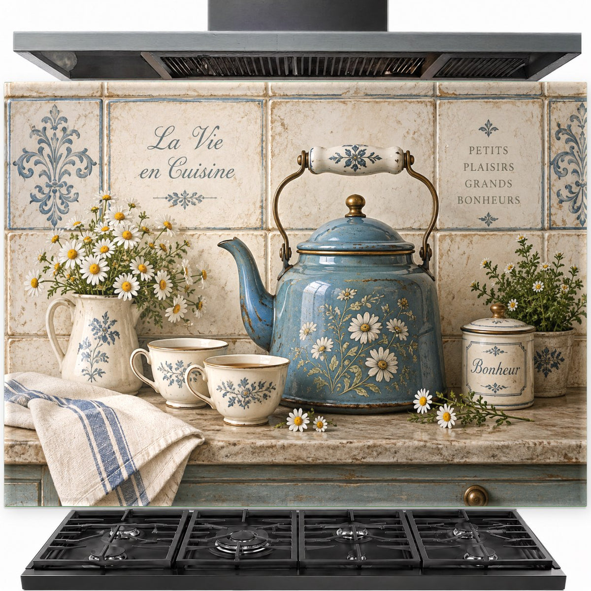 Daisy Kettle Tempered Glass Backsplash installed behind electric stove