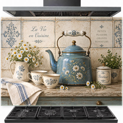 Daisy Kettle Tempered Glass Backsplash installed behind electric stove