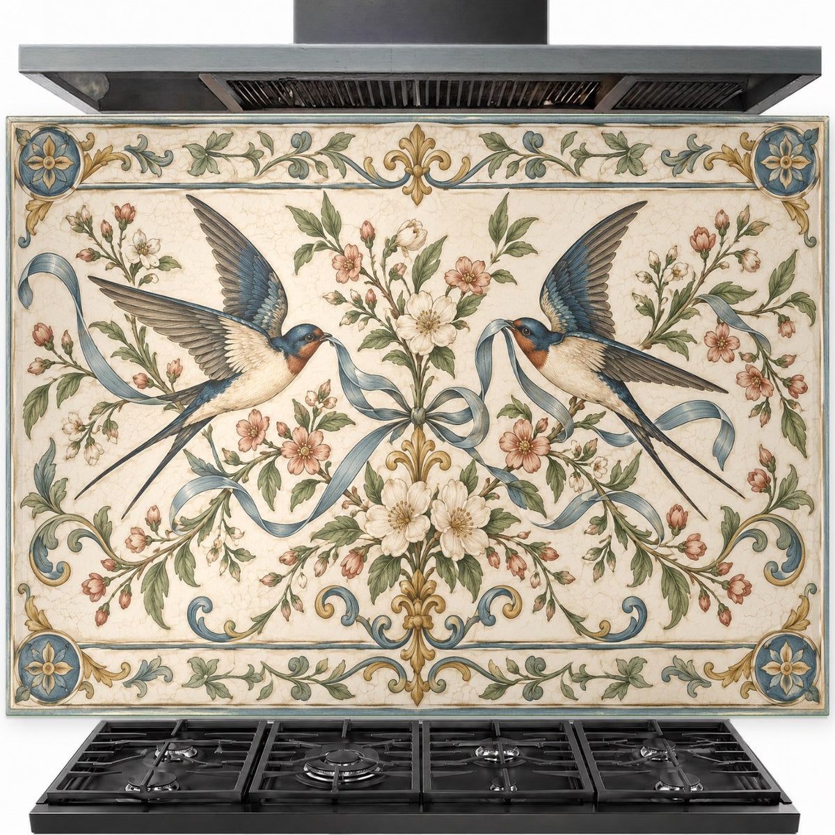 Swallow Ribbon tempered glass backsplash installed behind a stainless steel gas stove