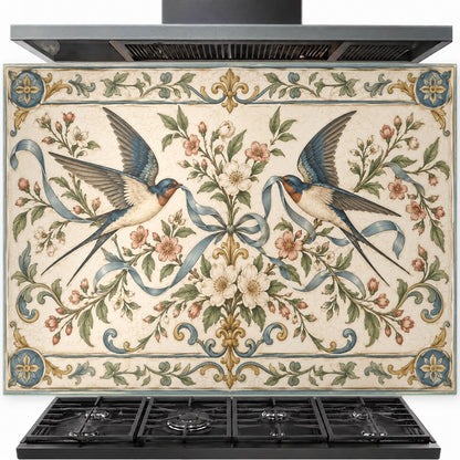 Swallow Ribbon tempered glass backsplash installed behind a stainless steel gas stove