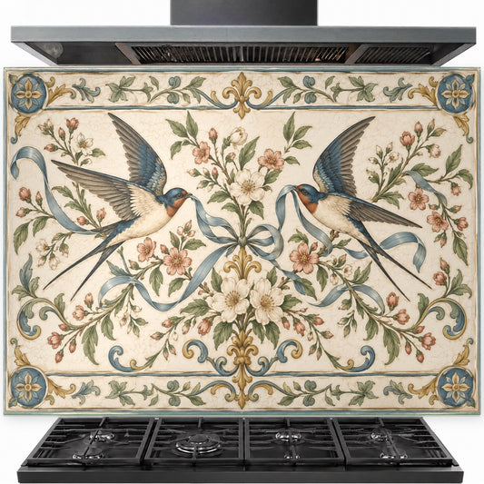 Swallow Ribbon tempered glass backsplash installed behind a stainless steel gas stove