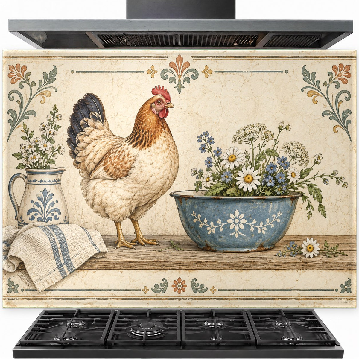 Farmhouse Hen tempered glass backsplash installed behind a stainless steel kitchen stove