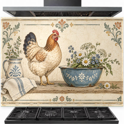 Farmhouse Hen tempered glass backsplash installed behind a stainless steel kitchen stove