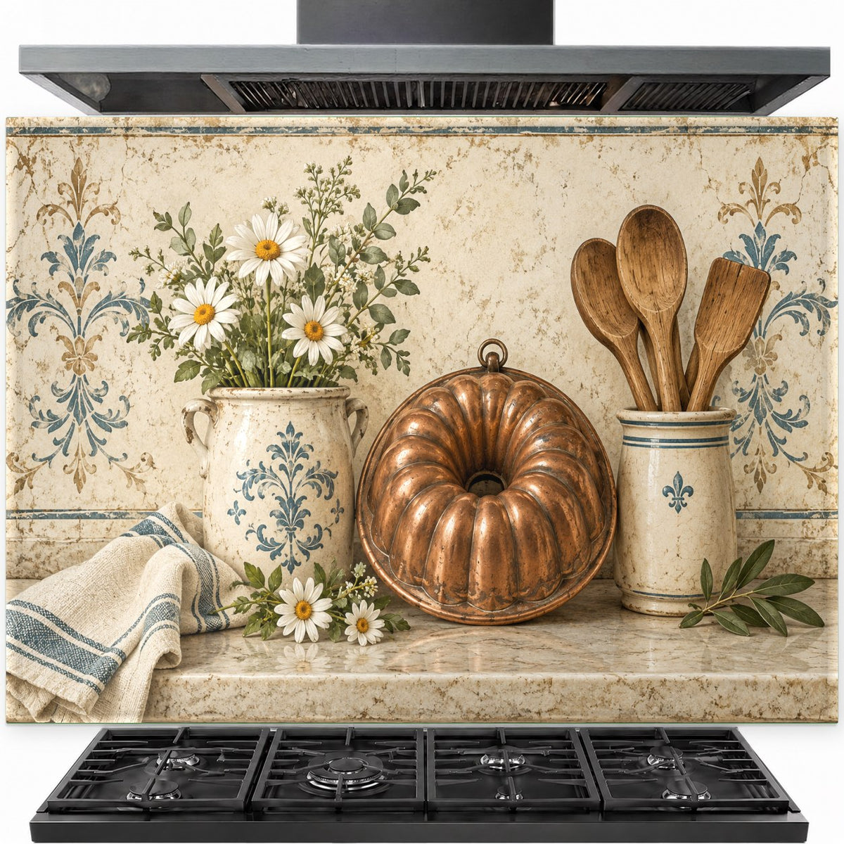 Copper Bundt tempered glass backsplash behind gas stove