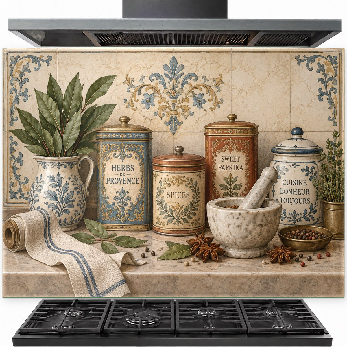 Provence Spices tempered glass backsplash installed behind a stainless steel kitchen stove