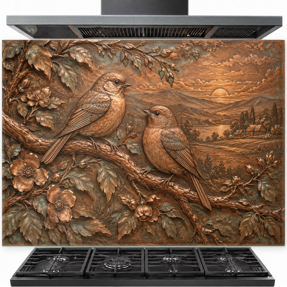 Songbird branch tempered glass backsplash installed behind a modern stainless steel gas stove