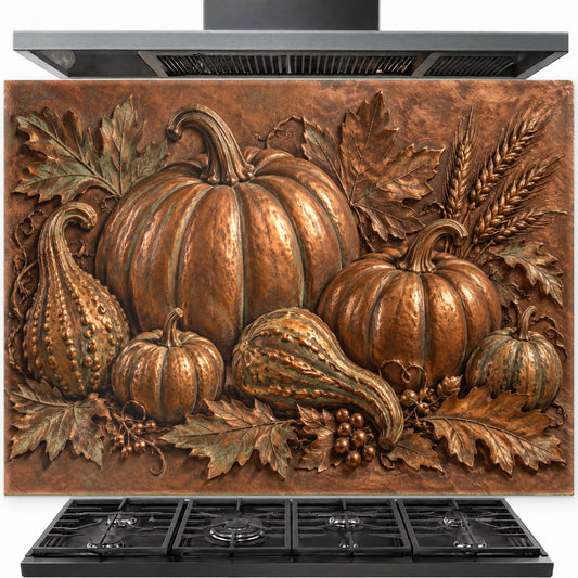 Pumpkin Harvest tempered glass kitchen backsplash installed behind a modern gas stove