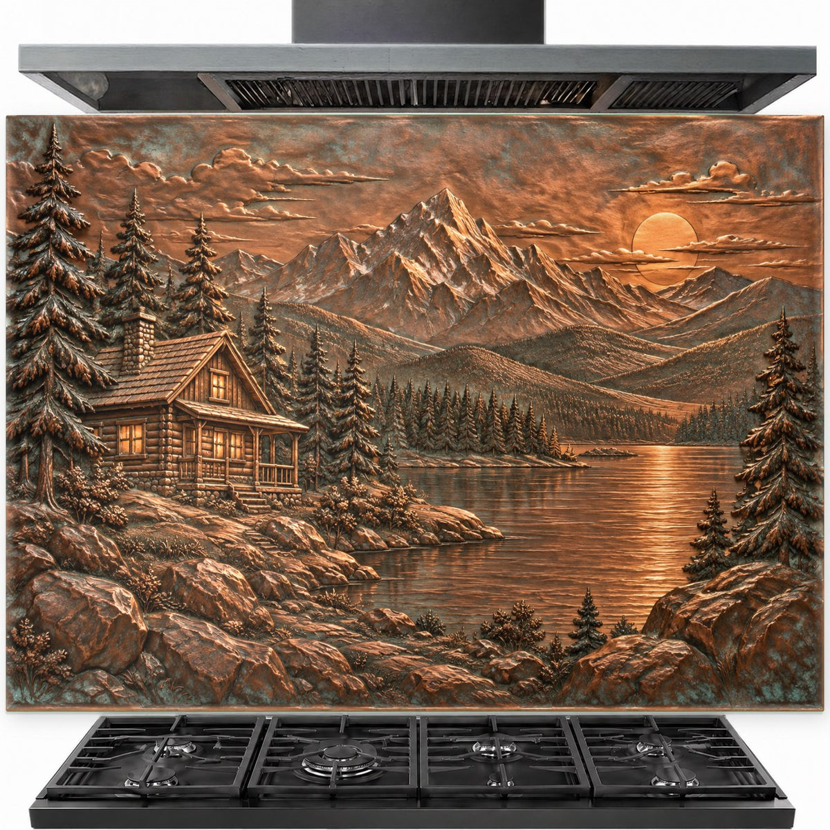 Lakeside cabin tempered glass backsplash installed behind a modern gas stove