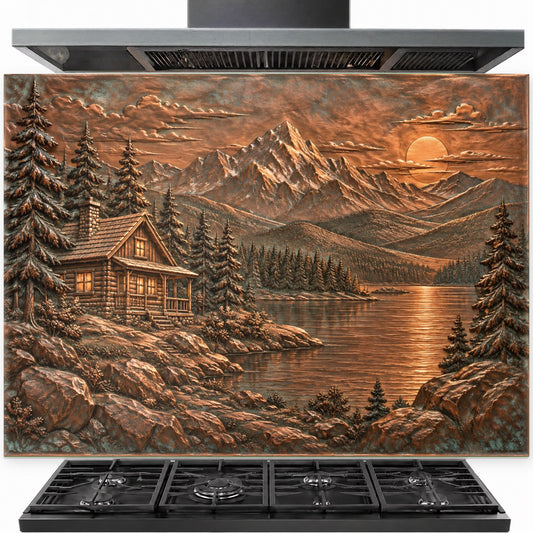 Lakeside cabin tempered glass backsplash installed behind a modern gas stove
