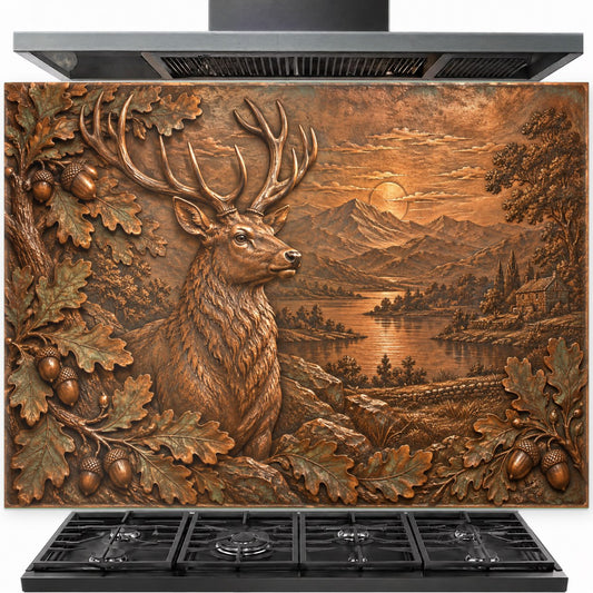 Stag Acorns tempered glass backsplash installed behind a modern stainless steel kitchen stove
