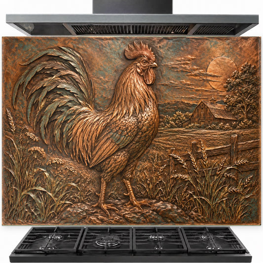 Rooster Farmstead tempered glass backsplash installed behind a stainless steel kitchen stove