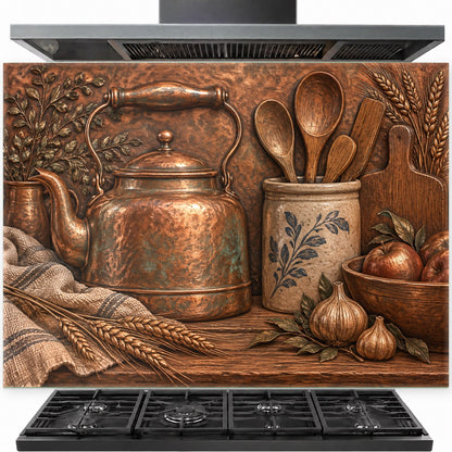 Copper Kettle tempered glass backsplash installed securely behind a stainless steel kitchen stove