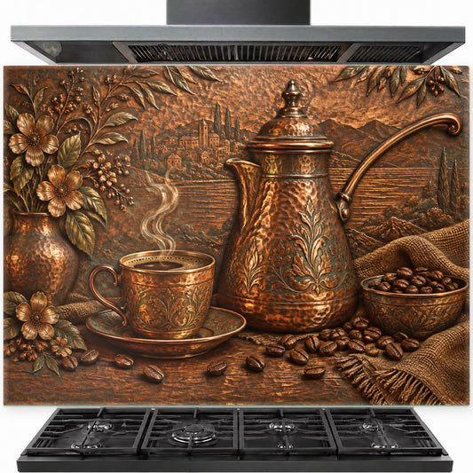 Coffee Cezve tempered glass backsplash installed behind a modern kitchen stove
