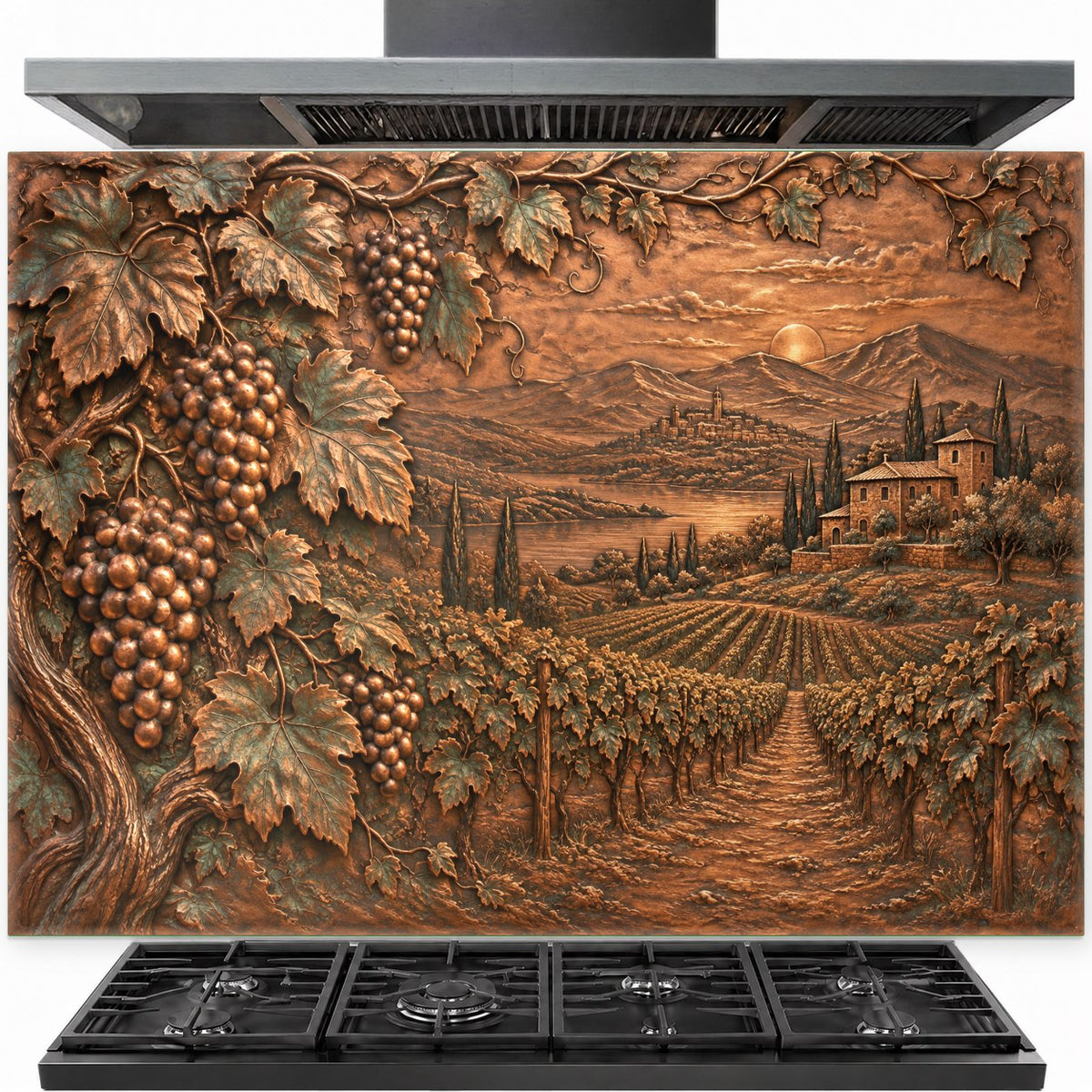 Vineyard Harvest tempered glass backsplash installed behind a modern kitchen stove