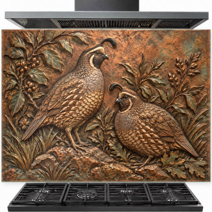 Quail Pair tempered glass backsplash installed behind a modern gas stove