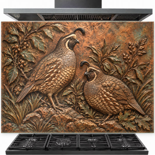 Quail Pair tempered glass backsplash installed behind a modern gas stove